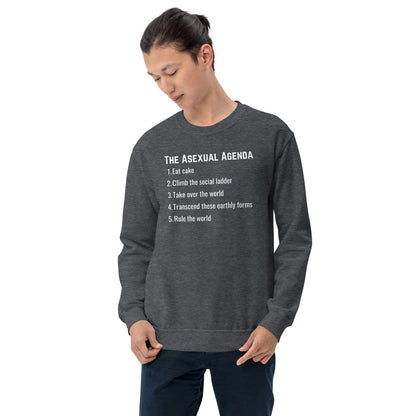 Person wearing a dark gray sweatshirt with 'The Asexual Agenda' text on a white background