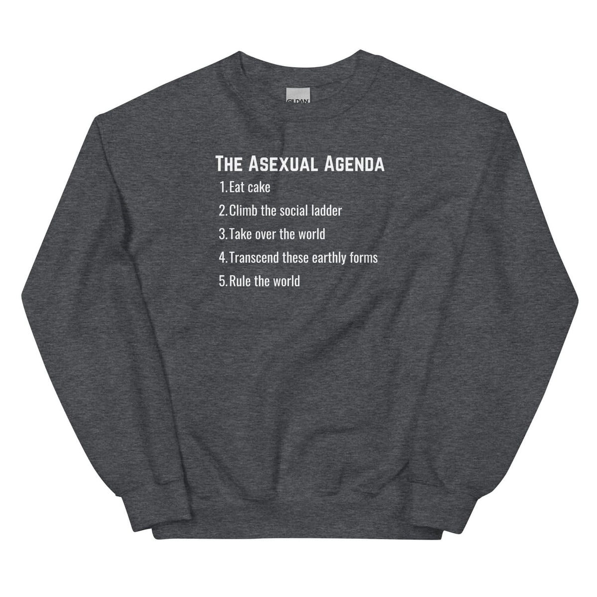 Dark gray asexual sweatshirt with white text on a white background