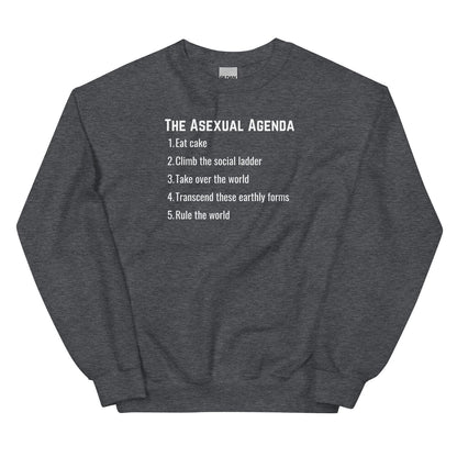 Dark gray asexual sweatshirt with white text on a white background