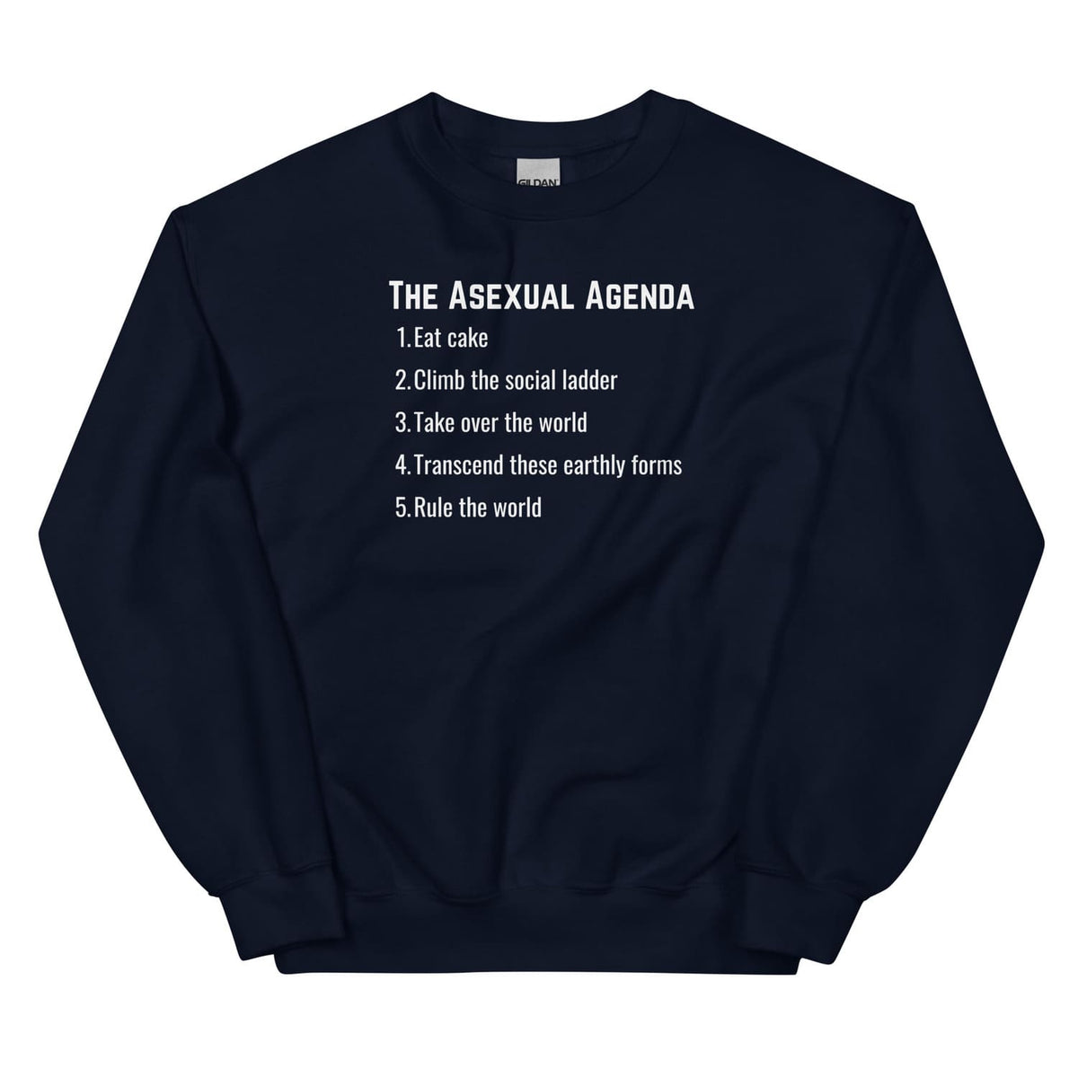 Navy blue asexual sweatshirt with white text on a white background