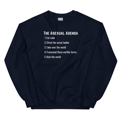 Navy blue asexual sweatshirt with white text on a white background