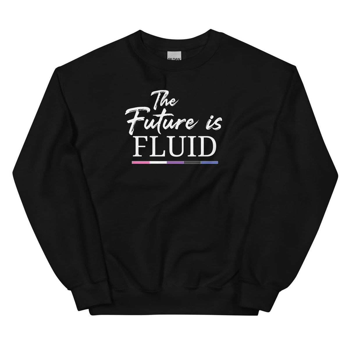 Black genderfluid sweatshirt with 'The Future is Fluid' text on a white background