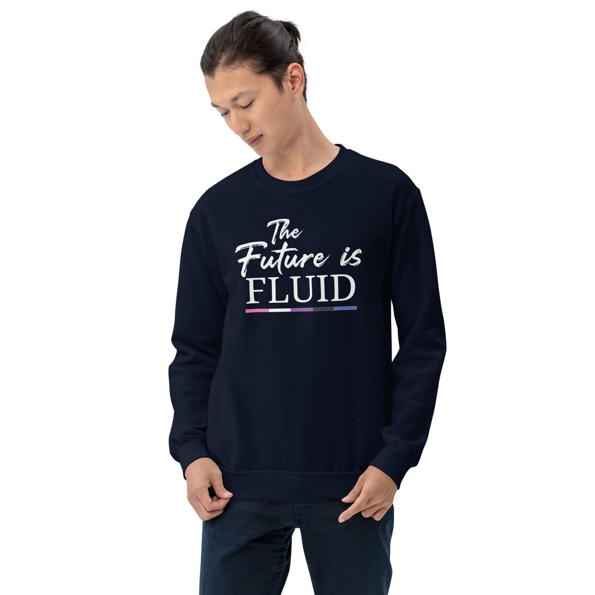 Person wearing a navy blue genderfluid sweatshirt with 'The Future is Fluid' text on a white background