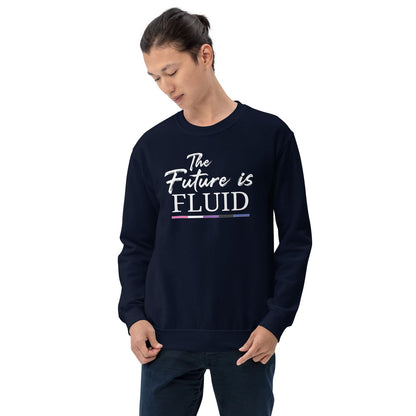 Person wearing a navy blue genderfluid sweatshirt with 'The Future is Fluid' text on a white background