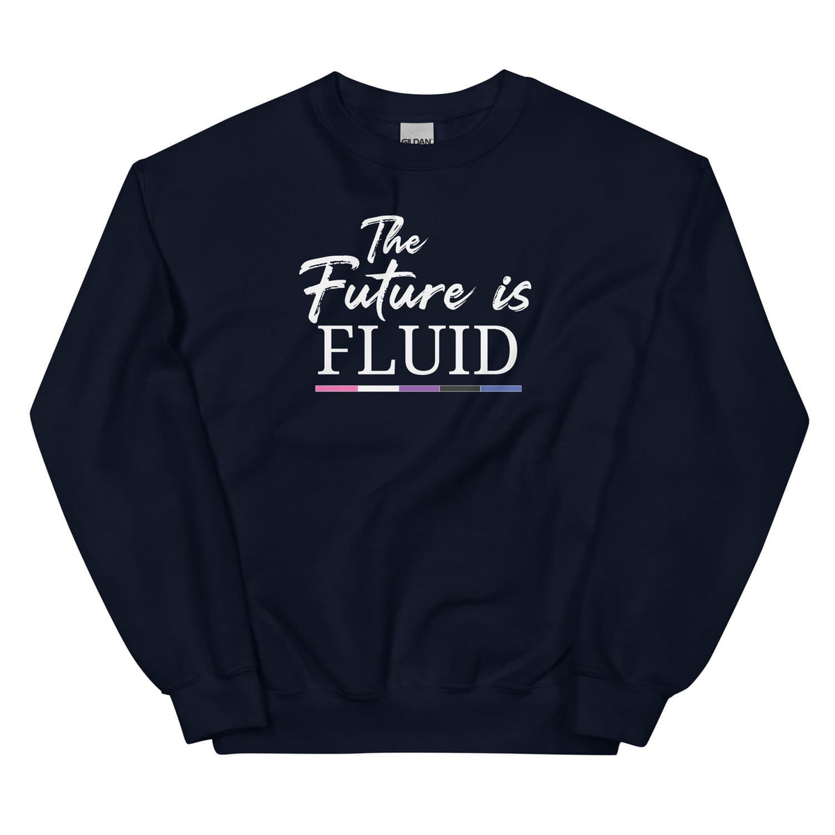 Navy blue genderfluid sweatshirt with 'The Future is Fluid' text on a white background