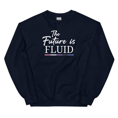 Navy blue genderfluid sweatshirt with 'The Future is Fluid' text on a white background