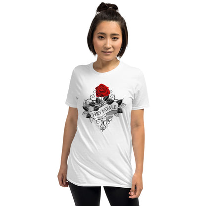 nonbinary shirt, they pronoun fatale rose flower, asian model