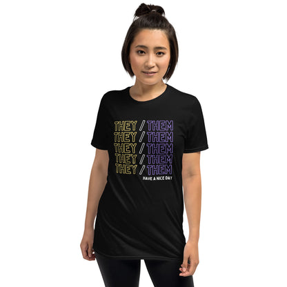 nonbinary shirt, they them pronouns in enby pride colors, asian model