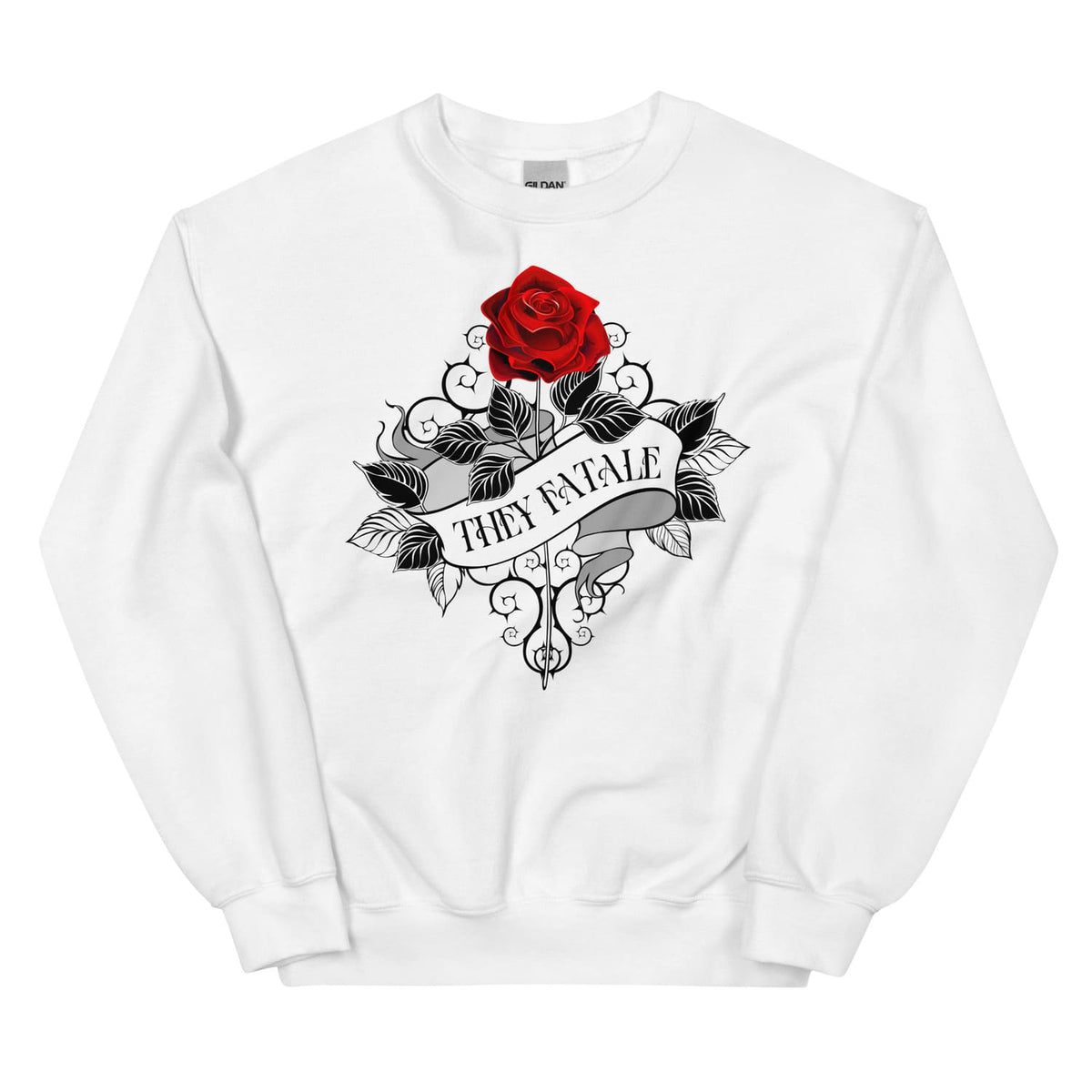 White nonbinary feminist sweatshirt with a red rose and black tattoo-style design on a white background