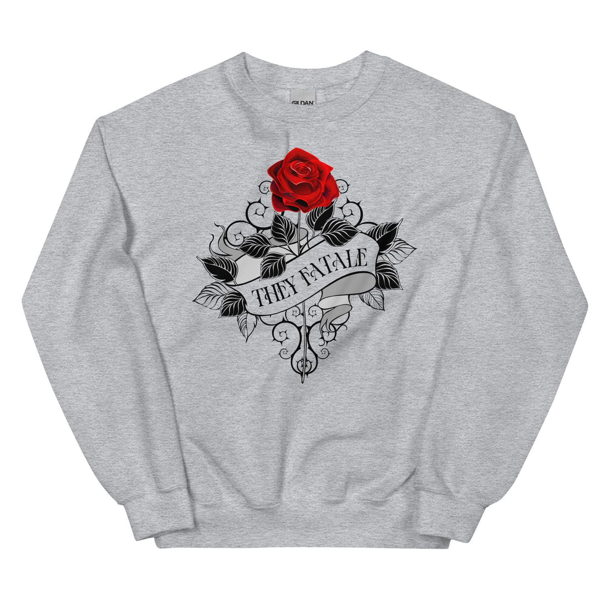 Gray nonbinary feminist sweatshirt with a red rose and black tattoo-style design on a white background