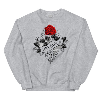 Gray nonbinary feminist sweatshirt with a red rose and black tattoo-style design on a white background