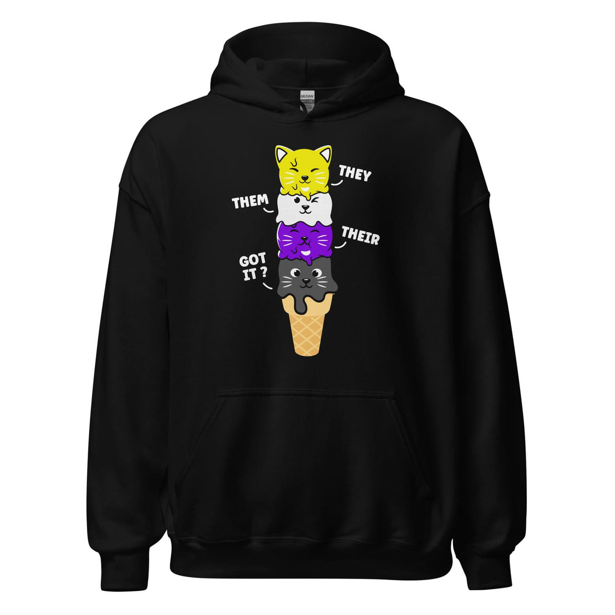 Black kawaii nonbinary they them pronouns hoodie with graphic of four anthropomorphic ice cream cones and text on a white background