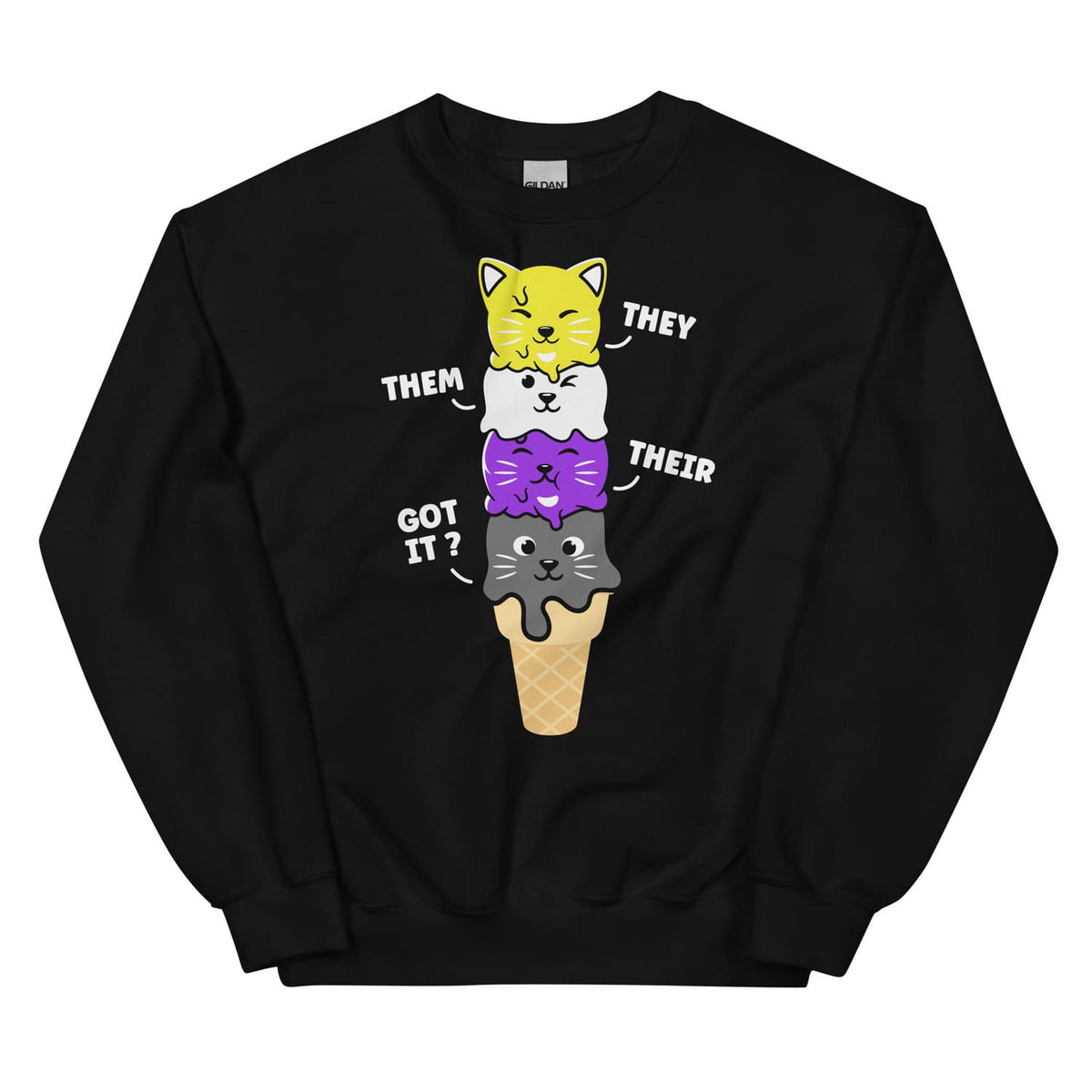 Nonbinary sweatshirt with funny cat-themed graphic and pronouns on a white background