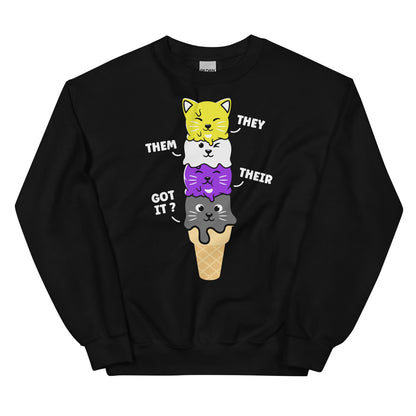 Nonbinary sweatshirt with funny cat-themed graphic and pronouns on a white background