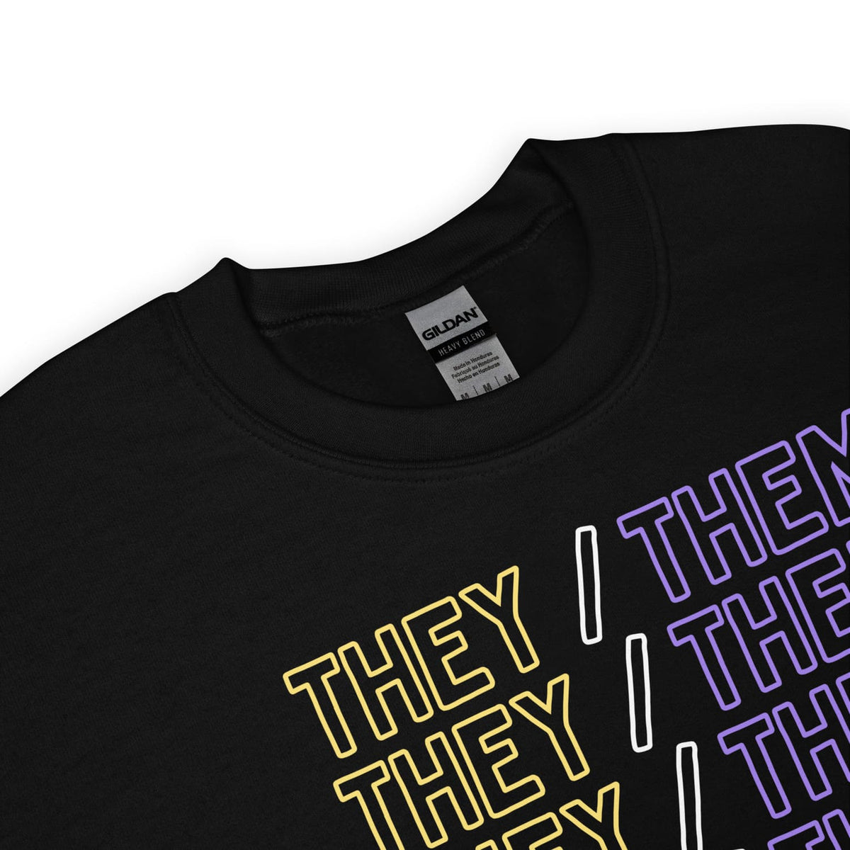 Nonbinary sweater with 'THEY them pronouns  printed in yellow, white, and purple on a white background