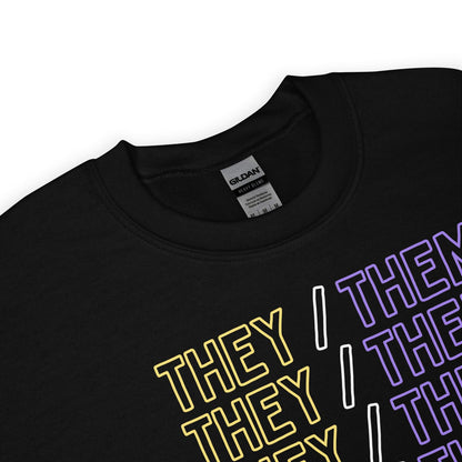 Nonbinary sweater with 'THEY them pronouns  printed in yellow, white, and purple on a white background