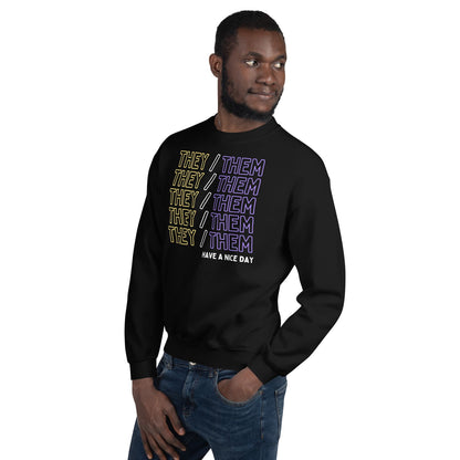 Nonbinary person wearing a black sweatshirt with 'THEY/THEM' pronouns text on a white background