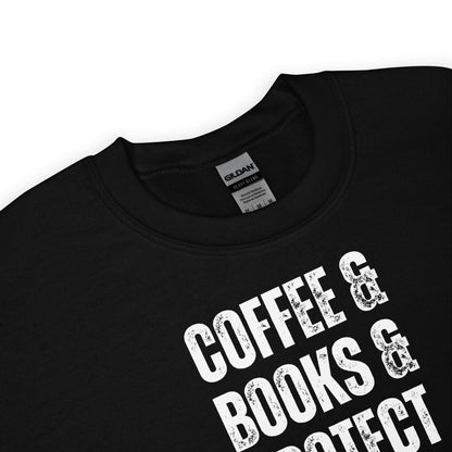 Black sweashirt detail with 'Coffee & Books & Protect trans kids' text on a white background