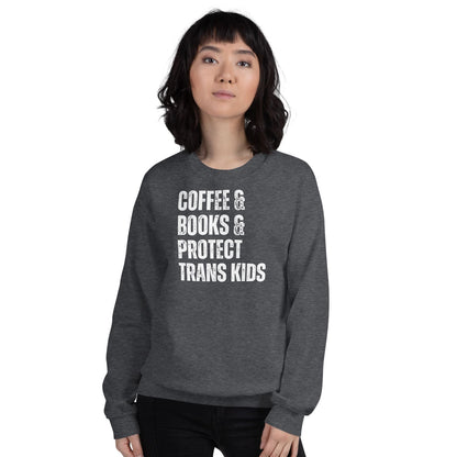 Person wearing a dark gray coffee bookish trans rights sweatshirt with text on a white background