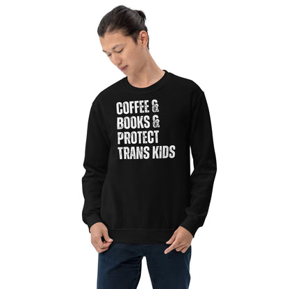 Person wearing a black bookish transgender rights sweatshirt with white text on a white background