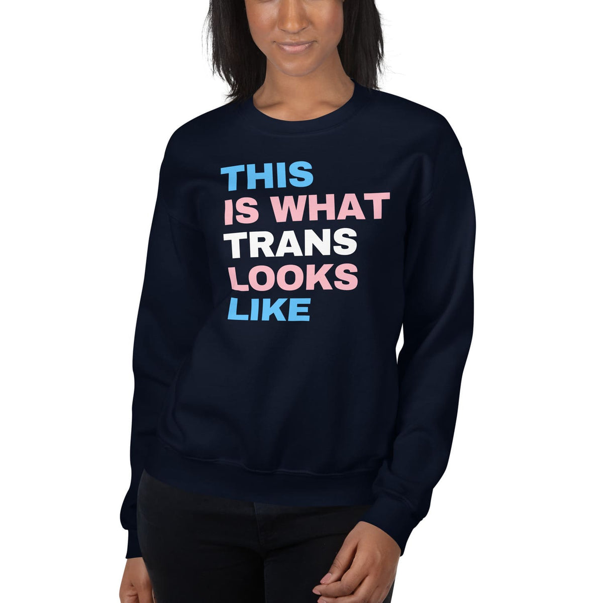 FTM transgender woman wearing sweatshirt in black 