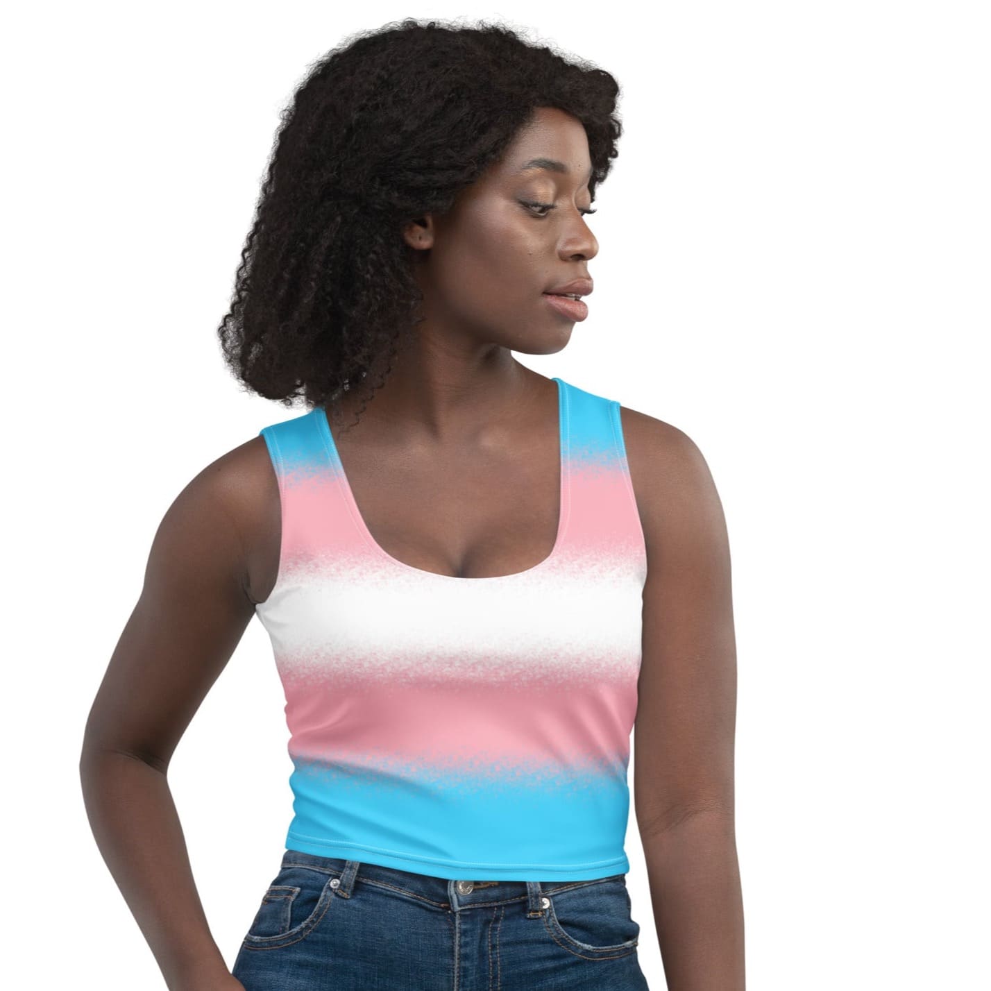 transgender crop top, trans mtf pride tank, model 1 front