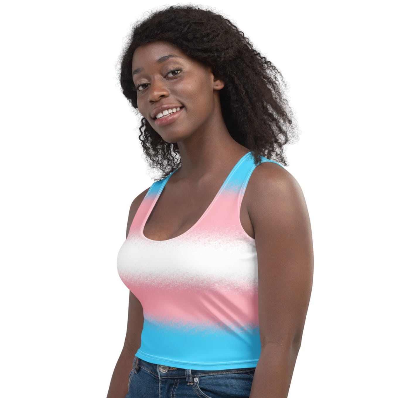 transgender crop top, trans mtf pride tank, model 1 left