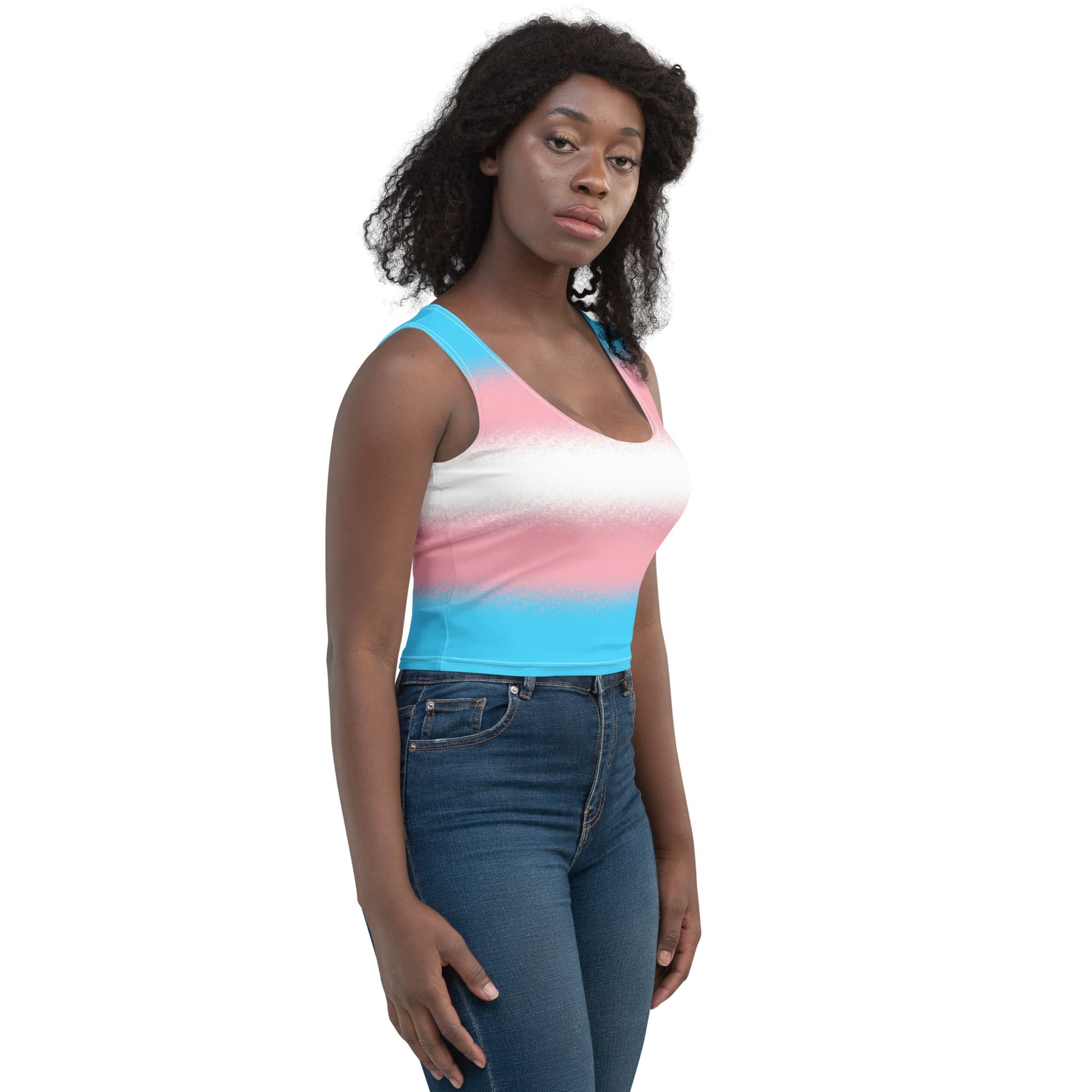 transgender crop top, trans mtf pride tank, model 1 front right