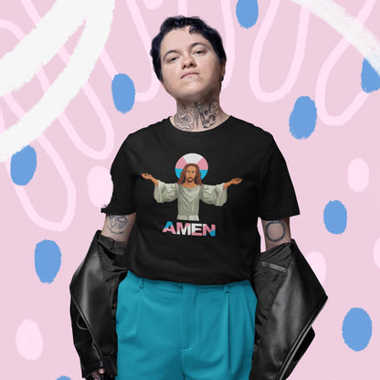 transgender shirt, funny jesus with trans pride aureole. Amen to that, in use