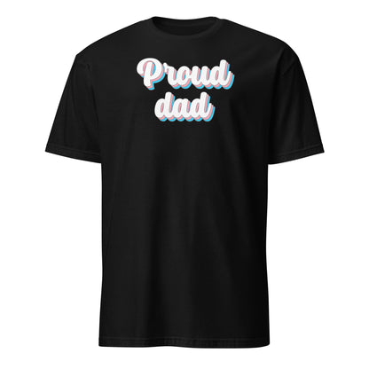 Black t-shirt with 'Proud transgender dad' text on a white background