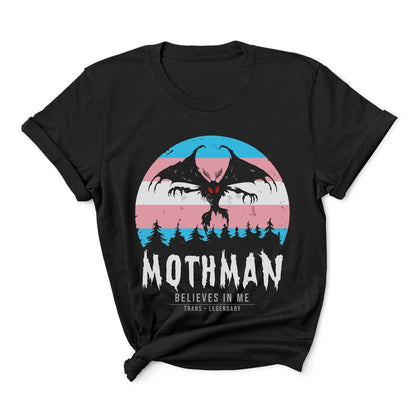 Black t-shirt with Mothman graphic and text on a white background: Transgender Mothman Shirt, Trans Pride Cryptid Folklore Tee, Queer Mythology Legend Cryptozoology T-Shirt, Cryptidcore Weirdcore LGBT Gift