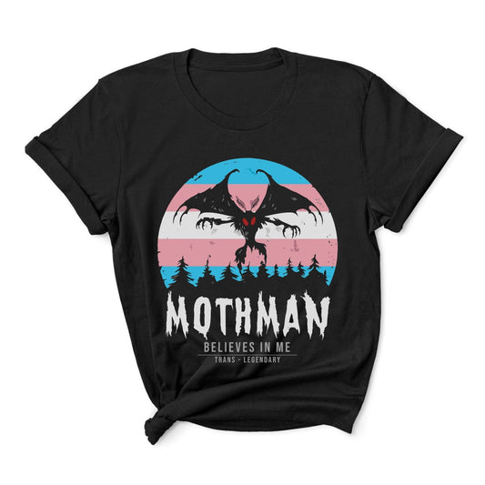 Black t-shirt with Mothman graphic and text on a white background: Transgender Mothman Shirt, Trans Pride Cryptid Folklore Tee, Queer Mythology Legend Cryptozoology T-Shirt, Cryptidcore Weirdcore LGBT Gift
