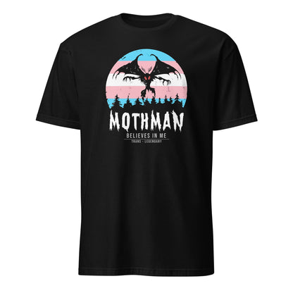 Black t-shirt with Mothman graphic and text on a white background: Transgender Mothman Shirt, Trans Pride Cryptid Folklore Tee, Queer Mythology Legend Cryptozoology T-Shirt, Cryptidcore Weirdcore LGBT Gift