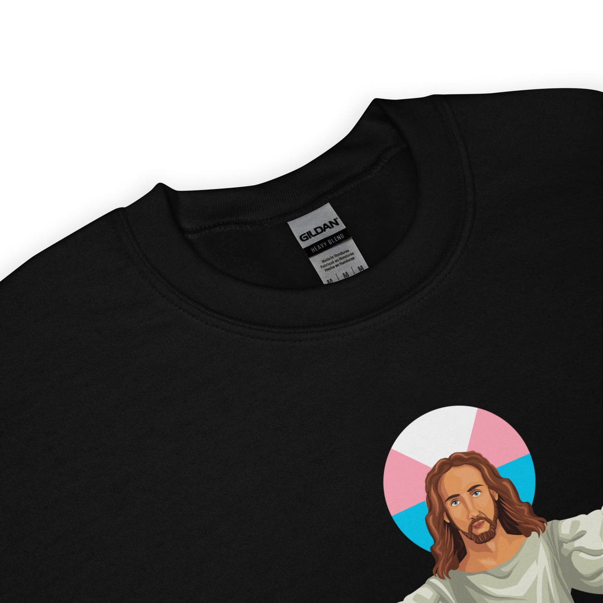 detail of jesus transgender sweatshirt
