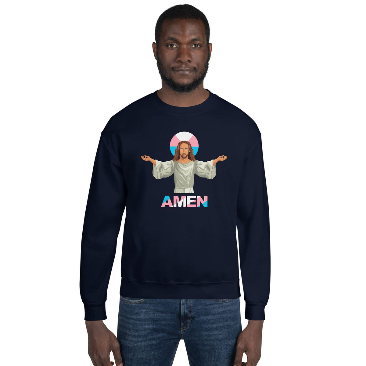 Trans man wearing funny transgender jesus sweater