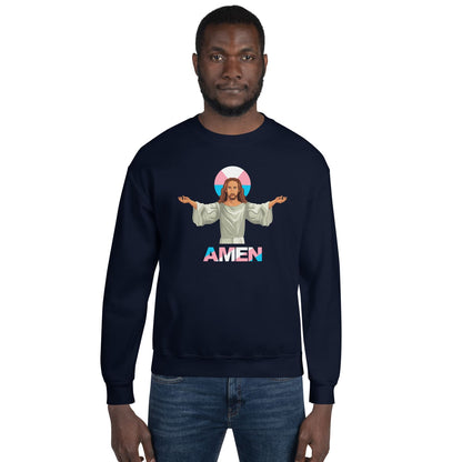 Trans man wearing funny transgender jesus sweater