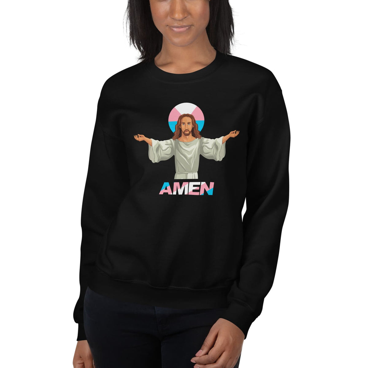 trans woman wearing transgender jesus sweatshirt