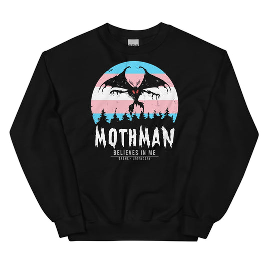 Black transgender sweatshirt with Mothman graphic and text on a white background
