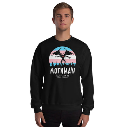 Transgender wearing a black sweatshirt with 'Mothman Believes in Me' graphic design on a white background