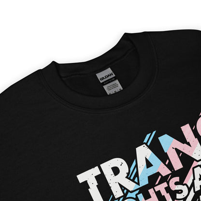 Black sweatshirt with trans rights  text design on a white background