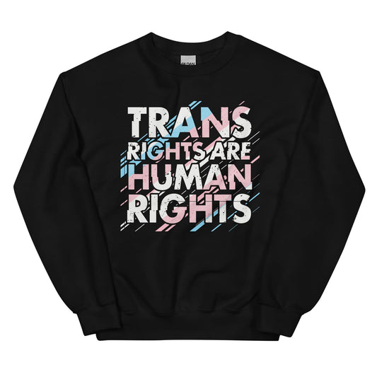 Black sweatshirt with 'TRANS RIGHTS ARE HUMAN RIGHTS' text in colorful letters on a white background
