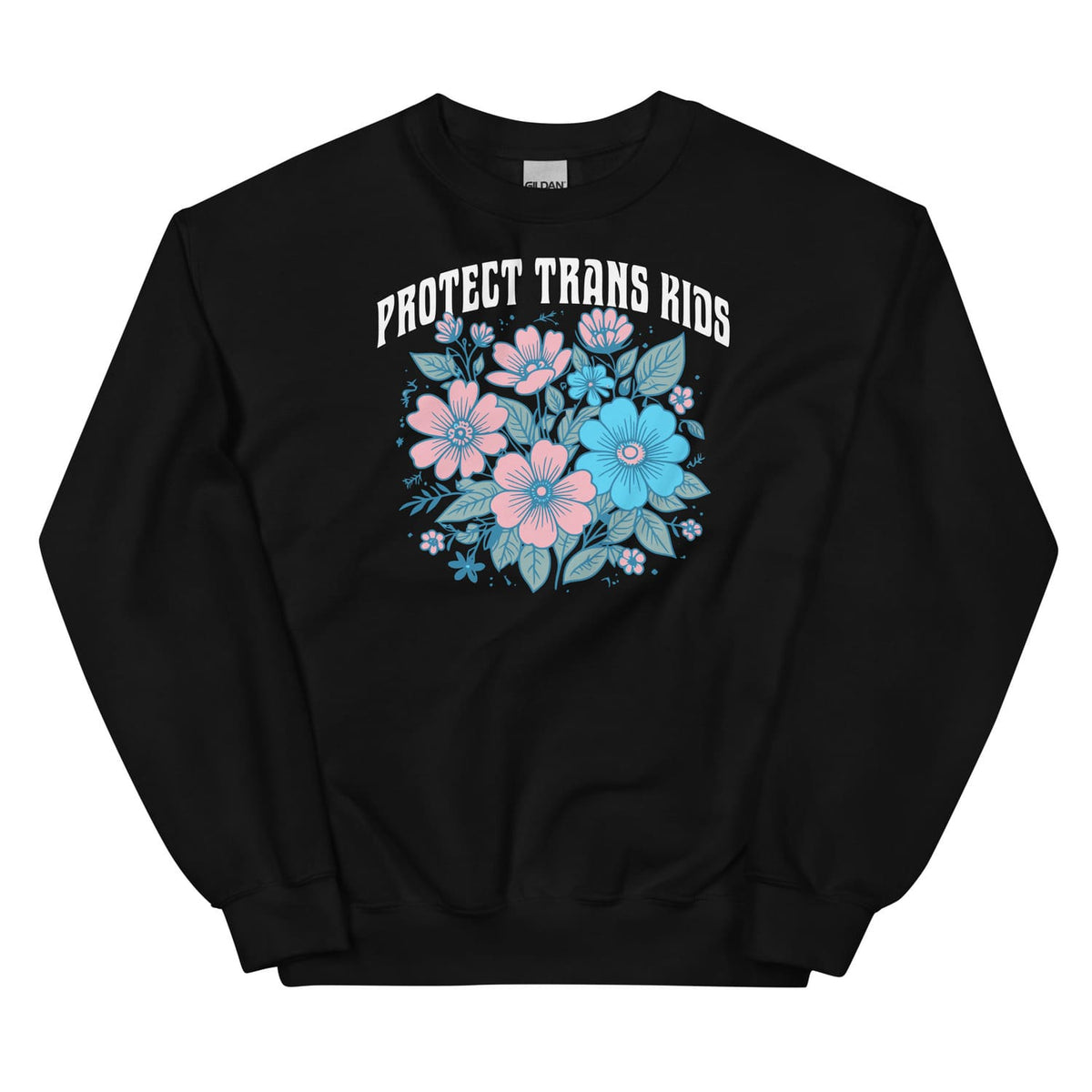Black transgender sweatshirt with floral design and 'PROTECT TRANS KIDS' text on a white background