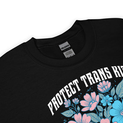 Black transgender sweatshirt with floral design and 'Protect Trans Rights' text on a white background