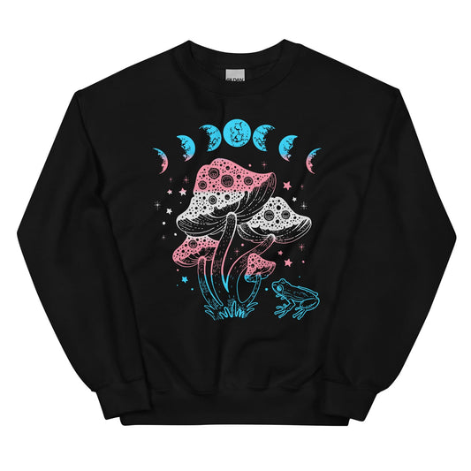 Subtle transgender sweatshirt with a colorful mushroom and moon design on a white background