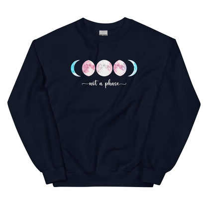 Navy transgender  sweatshirt with moon phase design and 'not a phase' text on a white background