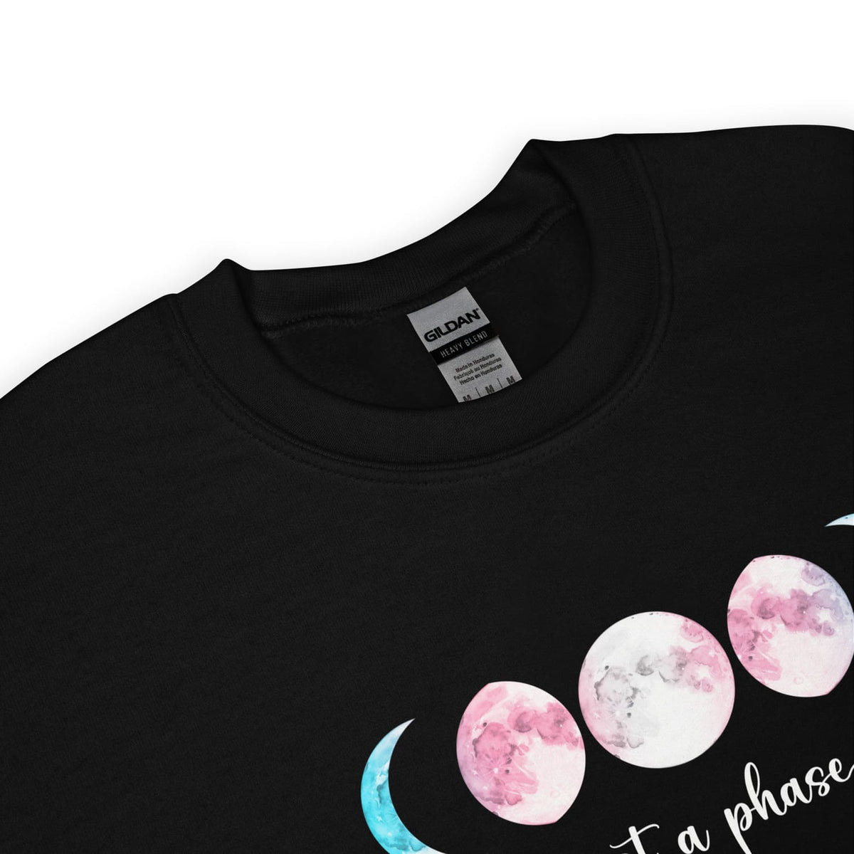 Detail of trans pride  sweatshirt with pink and blue moon phases design on a white background