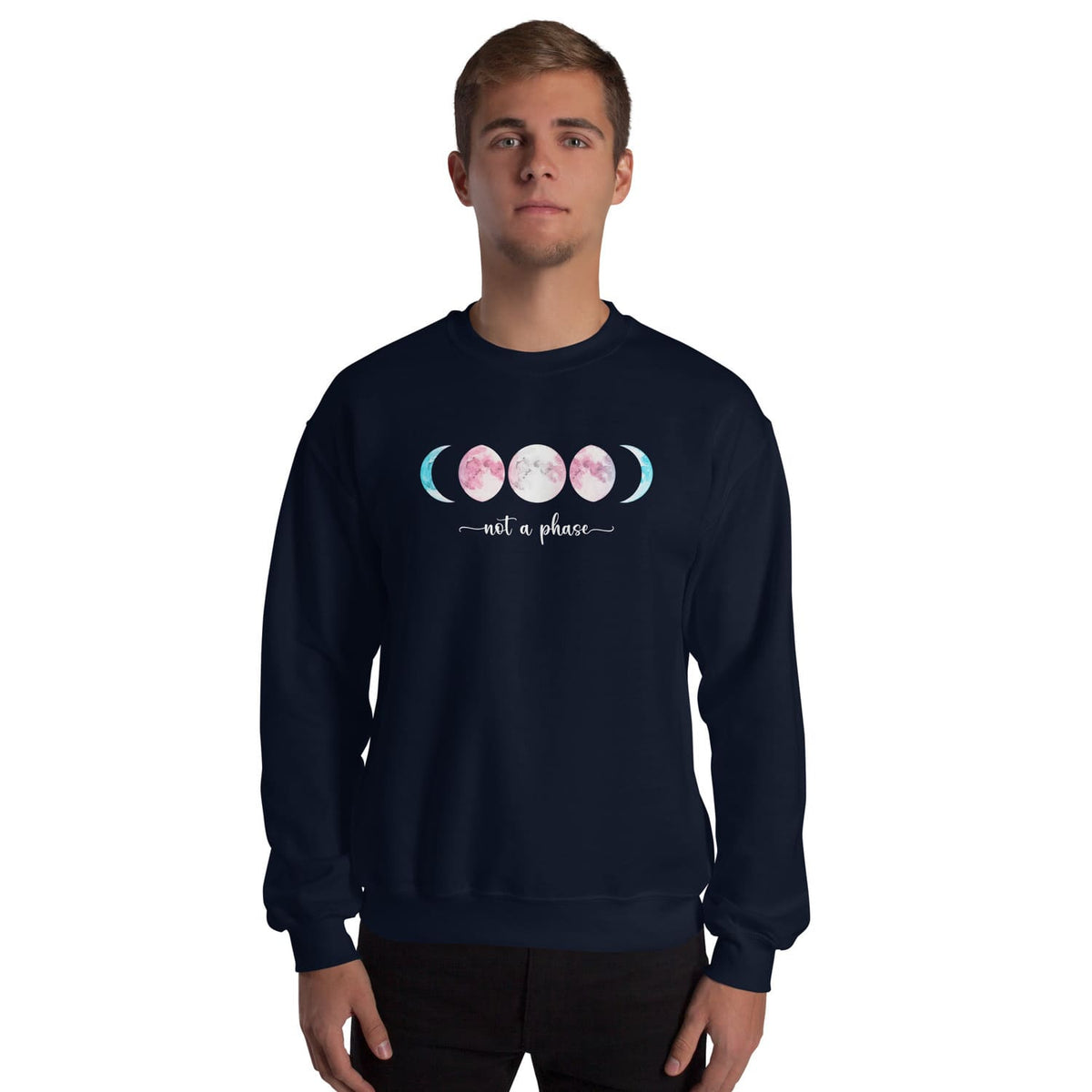 FTM transgender  wearing a navy sweatshirt with a moon phase design and text on a white background