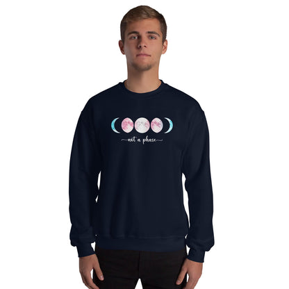 FTM transgender  wearing a navy sweatshirt with a moon phase design and text on a white background