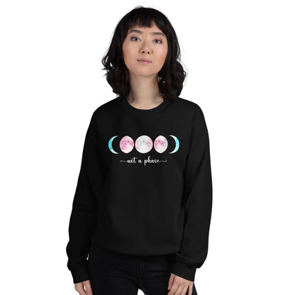 MTF transgender wearing a black sweatshirt with a colorful moonphases design and text on a white background