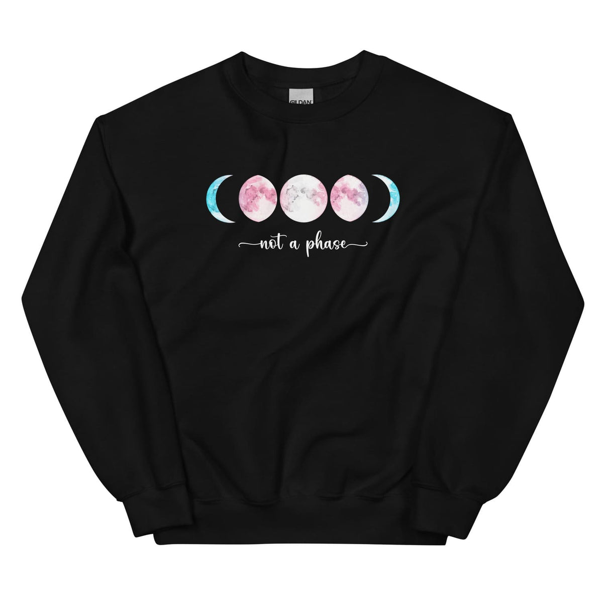 Black sweatshirt with transgender moon phase design and 'not a phase' text on a white background